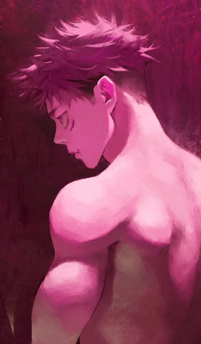 Gambar Yuji Itadori dari anime Jujutsu Kaisen yang menghadap ke kiri.